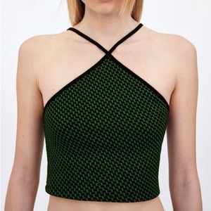 Zara Green Black Jacquard Cross Halter Top